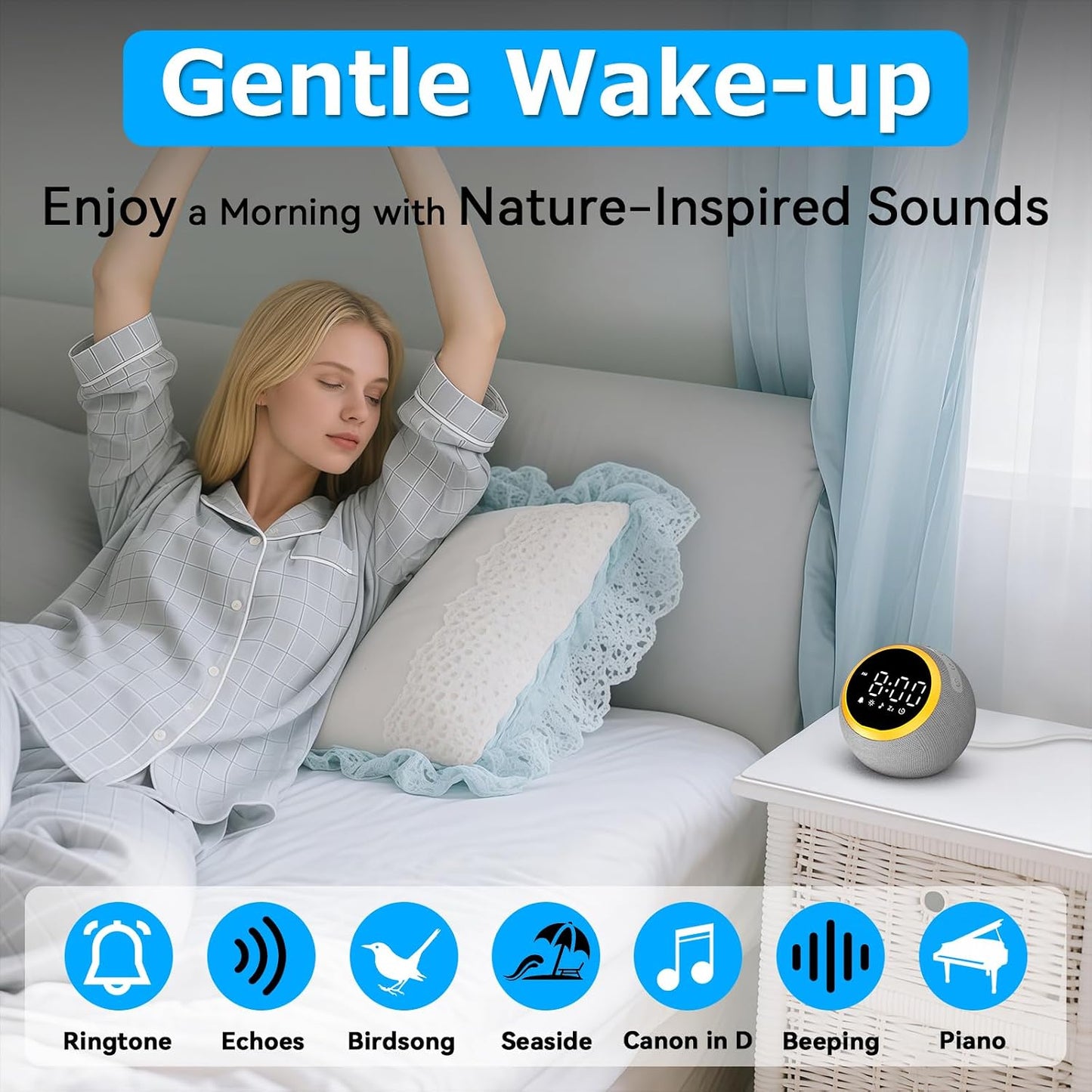 Sound Machine Alarm Clock for Sleep: Digital Alarm Clocks for Bedrooms, 25 Soothing Sounds, 7 Gentle Wake-up Sounds, 16 Adjustable Volume & Timer, Memory Function (Gray)