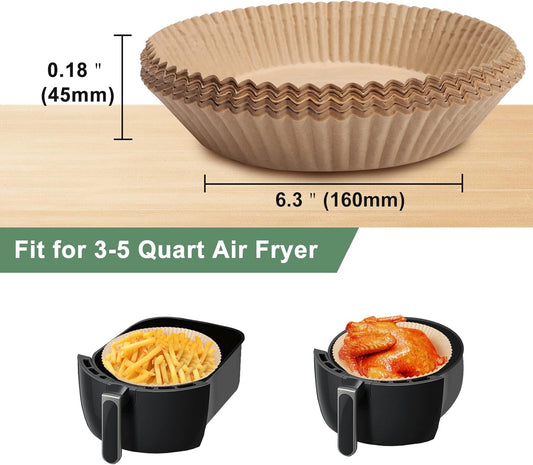 100Pcs Disposable Air Fryer Paper Liners for 3-5QT, (Round-6.3") | Unbleached & Biodegradable Material, Non-stick Parchment Paper for Frying, Baking, Roasting & Grilling