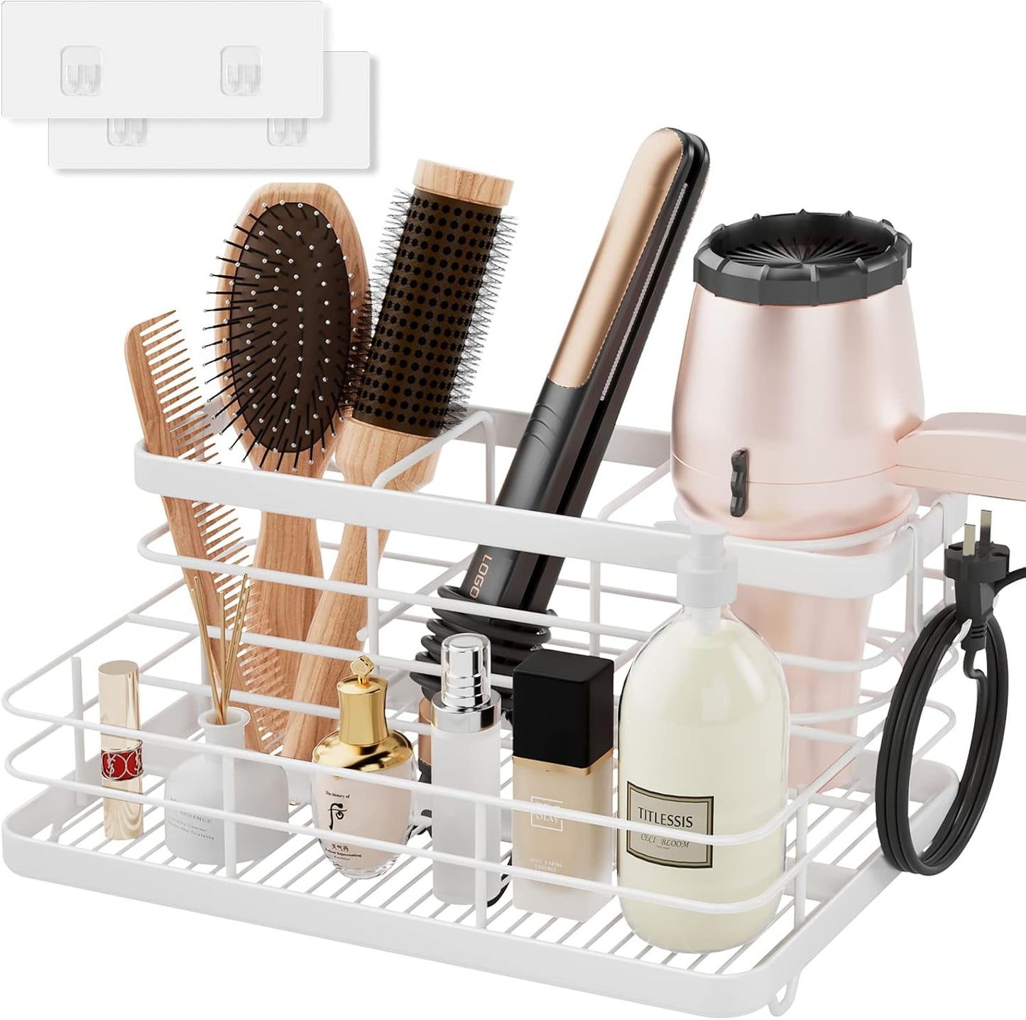 Metal Hair Tool Organizer Wall Mounted, Hair Dryer Holder Basket Storage | Hair Straightener Styling Tools Holder Wall Mount, Bathroom Sink Organizer Countertop for Vanity Makeup Brush, Black