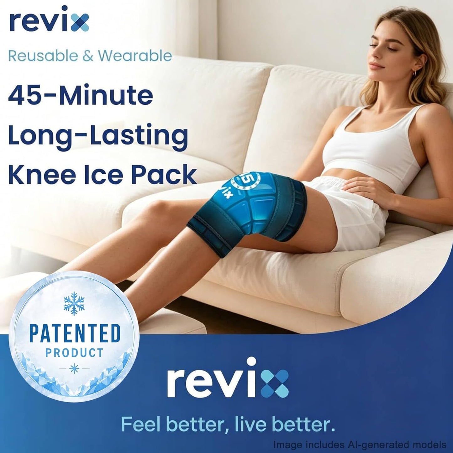 REVIX Knee Ice Pack Wrap for Meniscus Tear, ACL, 45-Min Cold | Long-lasting Cold Gel Wrap for Knee Replacement Recovery, Reusable for Elbow, Calf & Leg, 12"×9.5"