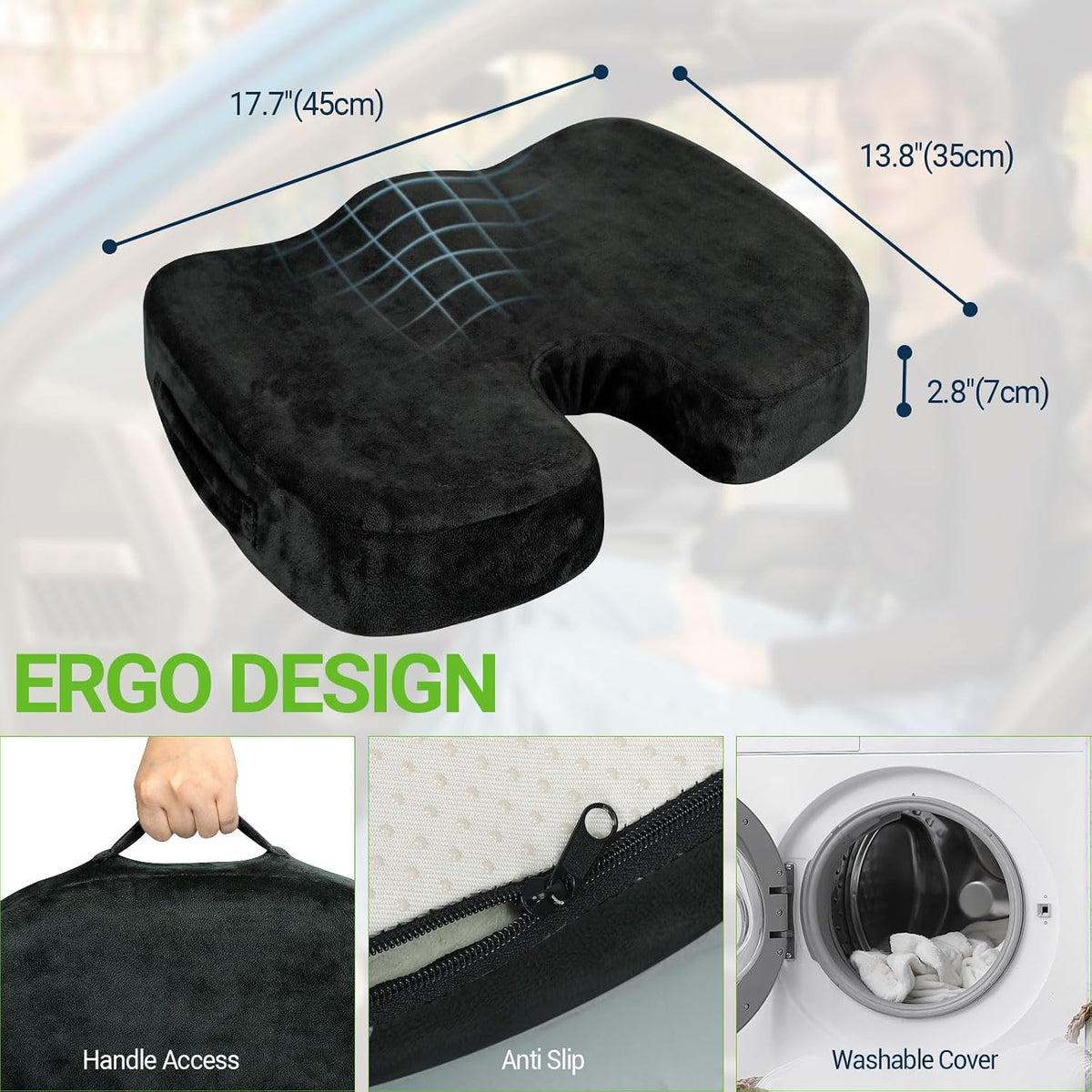 Season Guard Gel Memory Foam Seat Cushion for Tailbone Pain Relief, Black