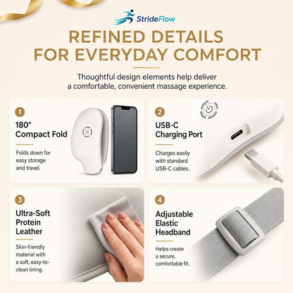 STRIDEFLOW Eye Massager with Heat, Migraine Mask & Headache Relief, FSA Eligible/HSA Eligible, Dry Eye Relief, GENTLE Warmth & LIGHT Compression, Cooling Gel Eye Mask, Foldable Rechargeable