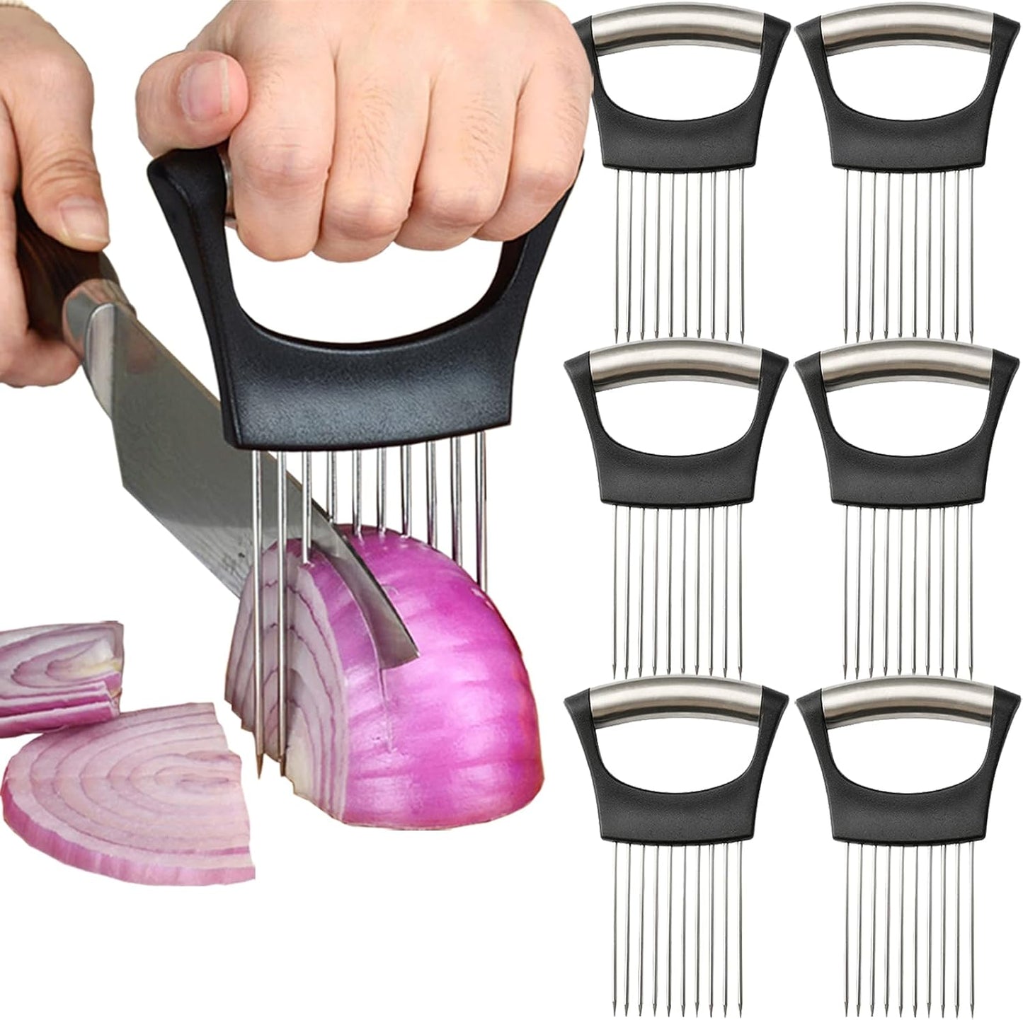 Onion Holder for Slicing, Stainless Steel Lemon Slicer Vegetable Cutter Onion Slicer Holder, Kitchen Chopper Slicing Assistant Tool for Potato Tomato Cucumber Avocados Fruits Eggs Meat