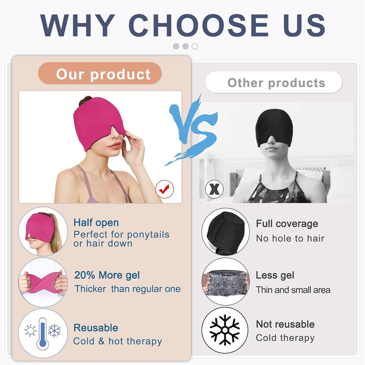 Migraine Headache Relief Cap, Gel Ice Head Wrap, Hot and Cold Therapy, Headache Eyes Mask for Sinus, Puffy Eyes, Tension and Stress Relief (Blue)
