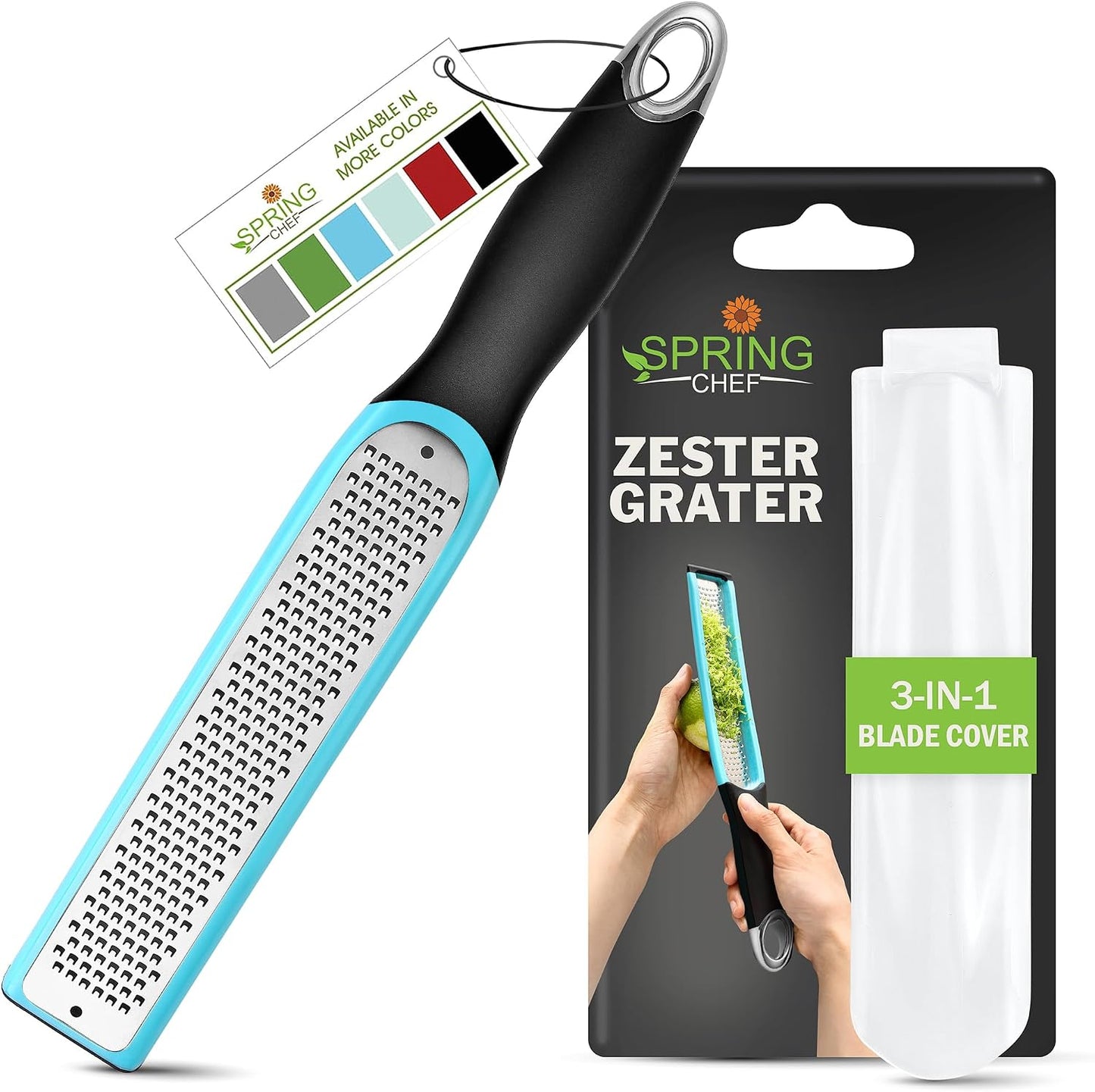 Spring Chef Stainless Steel Lemon Zester - Garlic & Ginger Grater - Gray | Premium Zester with Blade Cover, Cheese Grater with Handle for Parmesan, Nutmeg, Lime - Durable Citrus Zester, Fine Shred