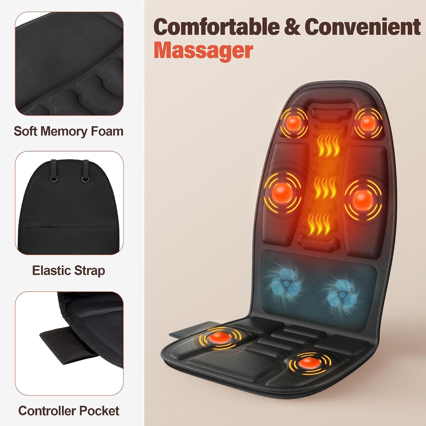 Massage Seat Cushion with Heat and Cooling Fan, Vibration Back Massager for Chair with 6 Motors, Chair Massager Pad for Office Chair, Sofa and Recliner, Jet-Black