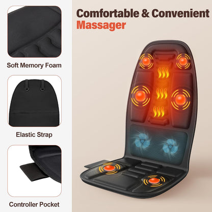 Massage Seat Cushion with Heat and Cooling Fan, Vibration Back Massager for Chair with 6 Motors, Chair Massager Pad for Office Chair, Sofa and Recliner, Jet-Black