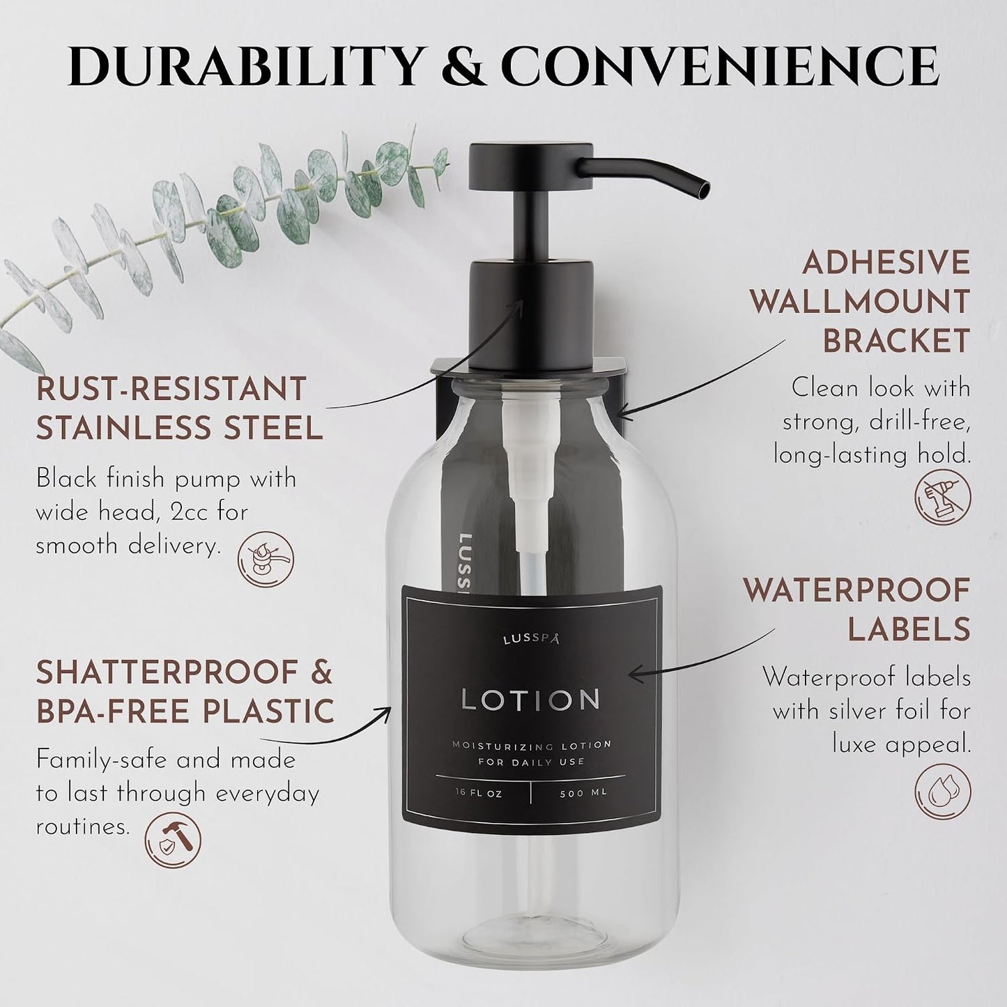 Shower Shampoo Dispenser Wall Mounted – 3 Refillable 16.9 oz Clear Bottles with Stainless Steel Pumps & No-Drill Adhesive Holders – Soap Dispenser Set for Bathroom (3 X Clear/Silver)