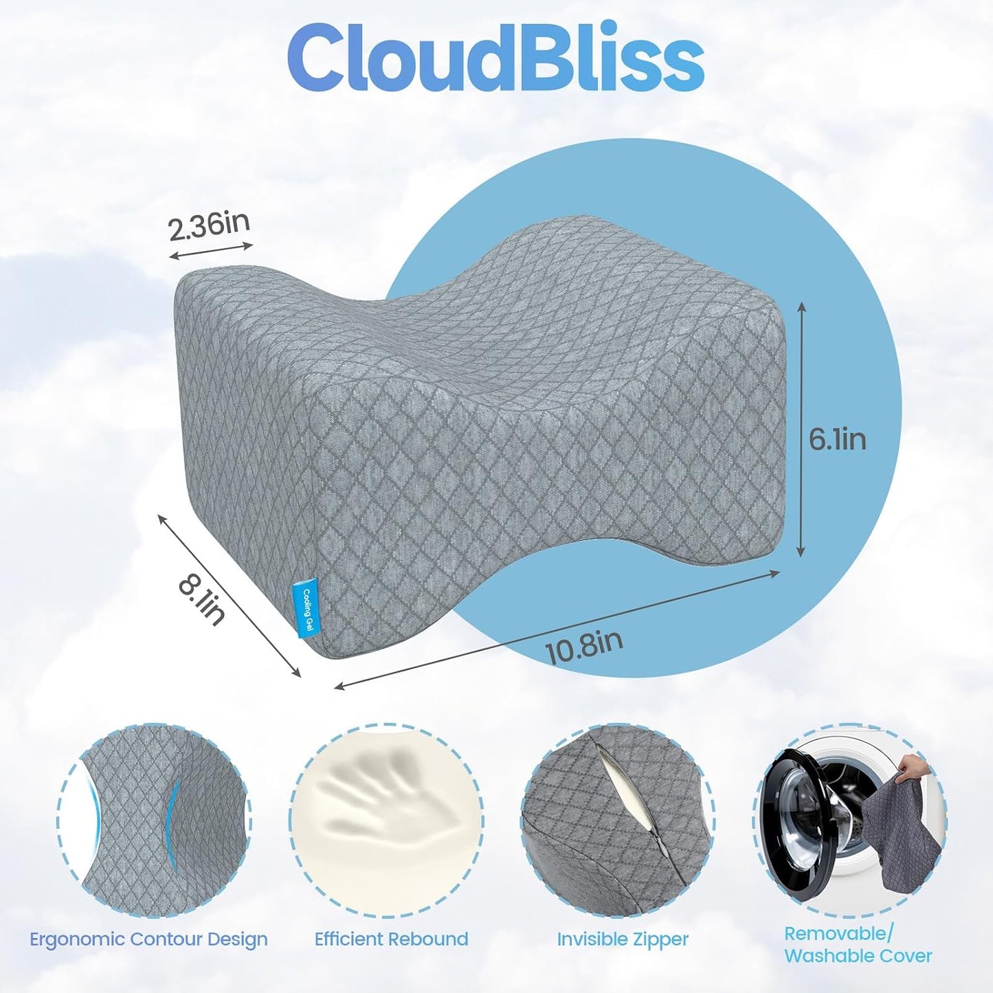 CloudBliss Cooling Gel Knee Pillow for Side Sleepers, Memory Foam, White | Contoured leg pillow, high-density foam, removable machine-washable cover, breathable fabric, hip and knee support