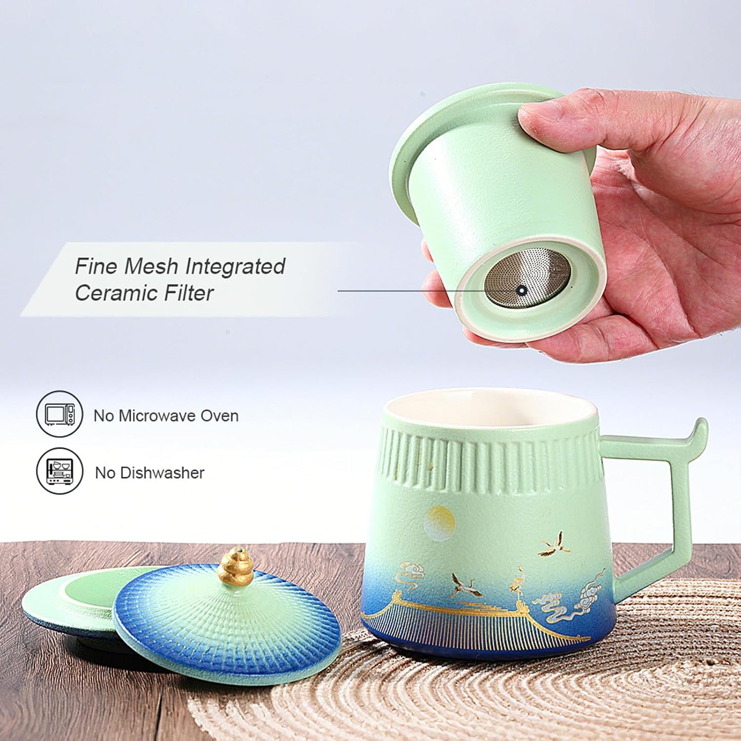 Loose Leaf Tea Cup with Infuser and Lid, 14.8oz Chinese Ceramic Mug with Fine Mesh Strainer, Office Steeping Cup for Tea Lovers Gifts