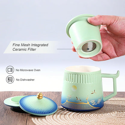 Loose Leaf Tea Cup with Infuser and Lid, 14.8oz Chinese Ceramic Mug with Fine Mesh Strainer, Office Steeping Cup for Tea Lovers Gifts