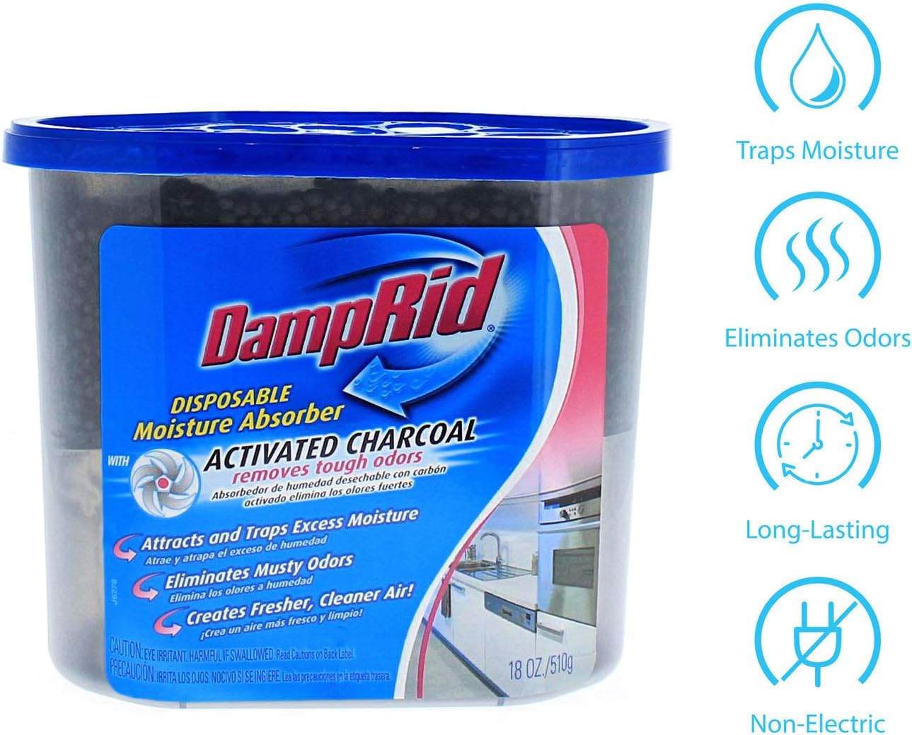 DampRid Fragrance Free Disposable Moisture Absorber & Odor Remover with Activated Charcoal, 18 oz., 3 Pack, Lasts Up To 60 Days, No Electricity Required