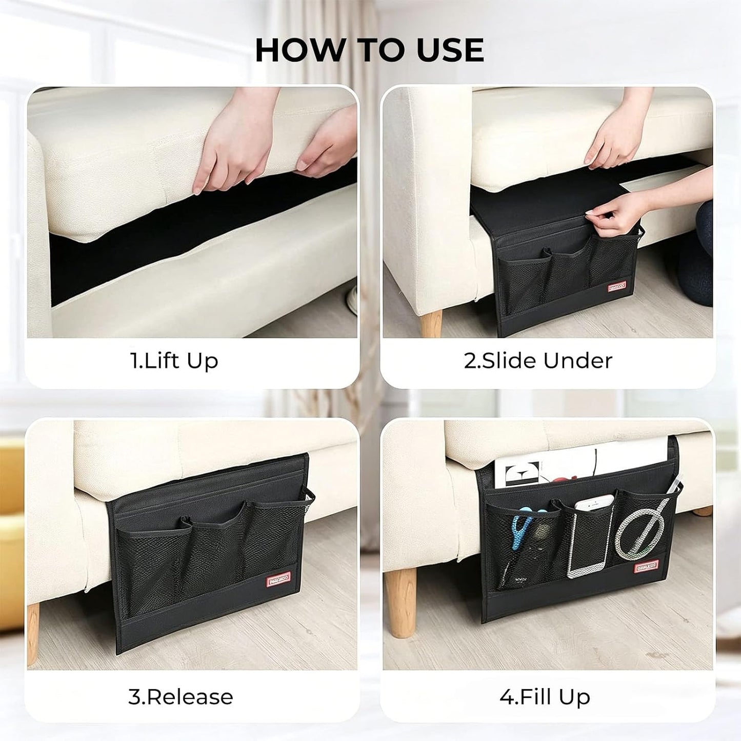 HAKACC Bedside Caddy, Remote Holder for Bed, Storage Organizer, Black | Pockets for Bed, Sofa, Phones, Magazines, Tablets and Accessories