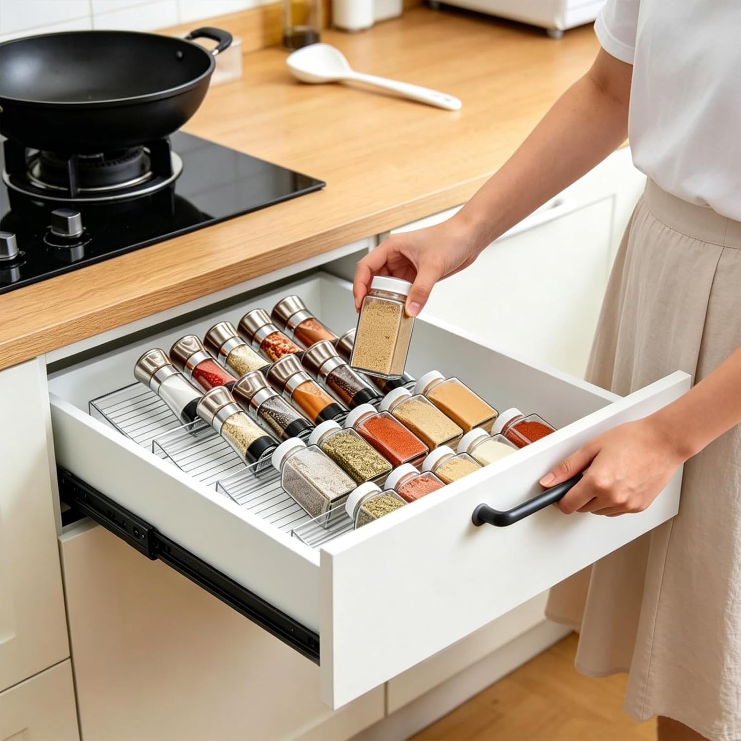 16 Pack Acrylic Drawer Seasoning Organizer, Expandable From 11''-22'' | Tiered Clear Spice Tray, Adjustable In Drawer Spice Organizer for Spices, Condiment, Nail Polish and Jar Organization