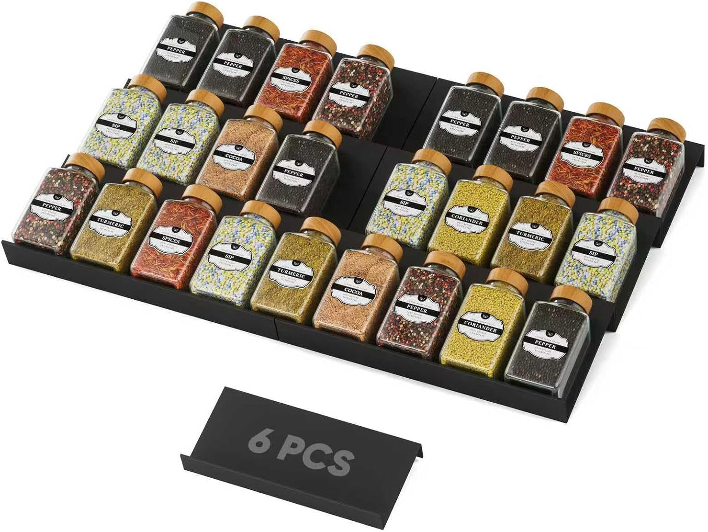 Spice Drawer Organizer, Spice Rack Tray for Kitchen Cabinet, Expandable Seasoning Storage Rack Insert for Drawer/Countertop,9 Pieces Set, Aluminum (Jars Not Included)