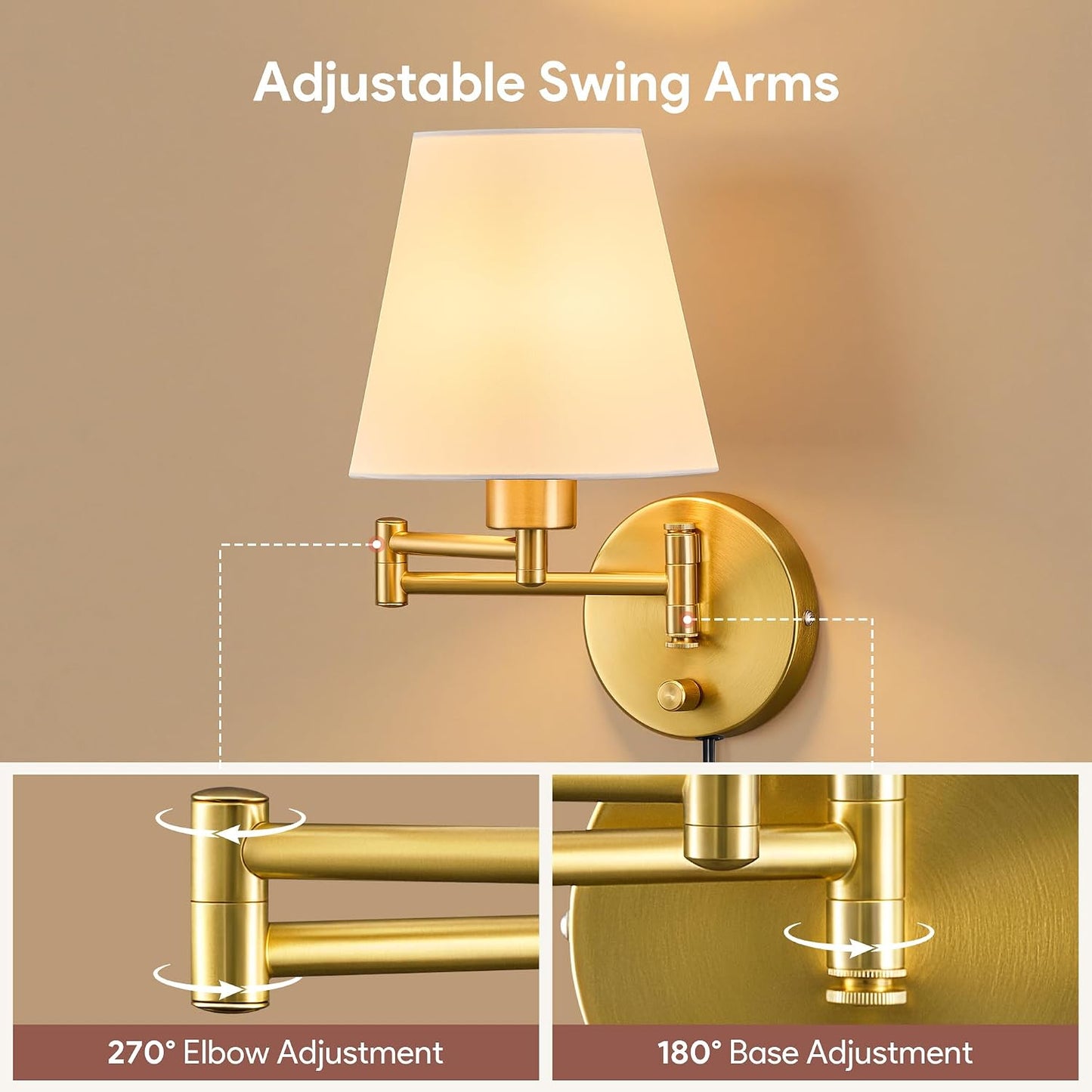 VONLUCE Wall Lamp, Plug in & Swing Arm Wall Sconce, Nickel Finish | Modern Wall Lights with White Fabric Shades, Plug in & Hardwired Wall Mounted Light for Bedside, Living Room, Hallway