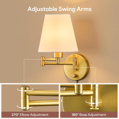 VONLUCE Wall Lamp, Plug in & Swing Arm Wall Sconce, Nickel Finish | Modern Wall Lights with White Fabric Shades, Plug in & Hardwired Wall Mounted Light for Bedside, Living Room, Hallway