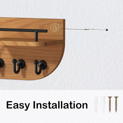 Key Holder for Wall, Decorative Key and Mail Organizer with 3 Metal Hooks and 2 Shelves, Wood Wall Mounted Key Rack for Entryway, White