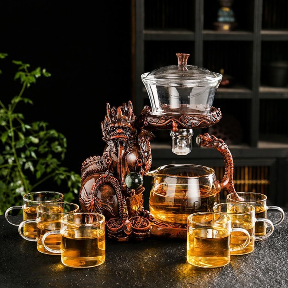 Glass Teapot Set with Infuser Semi Automatic Dragon Tea Set (Blue golden teapot)