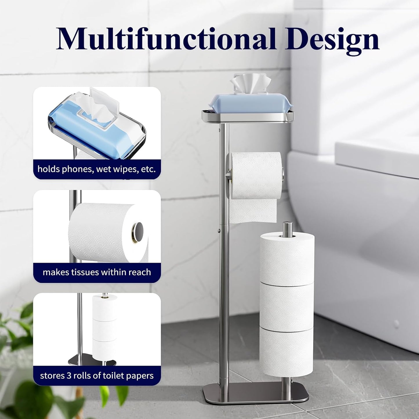 Kitsure Metal Toilet Paper Holder Free Standing, Medium, Black | Rustproof Toilet Paper Stand for 4 Rolls, Bathroom Organizers and Storage with Anti-Slip Base and Plastic Shelf