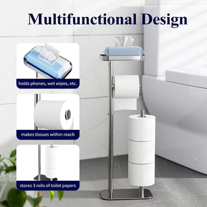 Kitsure Metal Toilet Paper Holder Free Standing, Medium, Black | Rustproof Toilet Paper Stand for 4 Rolls, Bathroom Organizers and Storage with Anti-Slip Base and Plastic Shelf