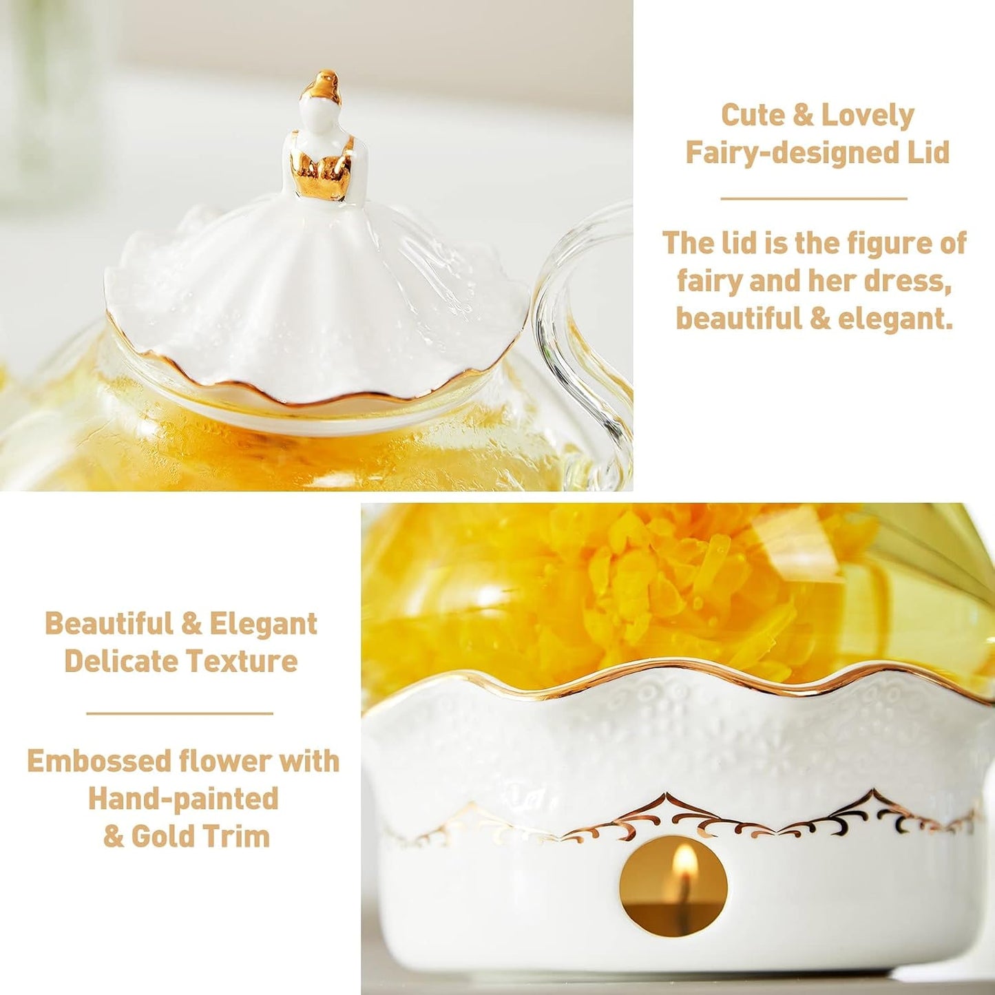 DUJUST Blooming Tea Pot Set, Luxury British Design with Relief Decor & Gold Trims, Hand-Crafted Clear Teapot with Warmer, 40oz Glass Teapot with Infuser, Stove-Safe Tea Party Gift & Home - Black