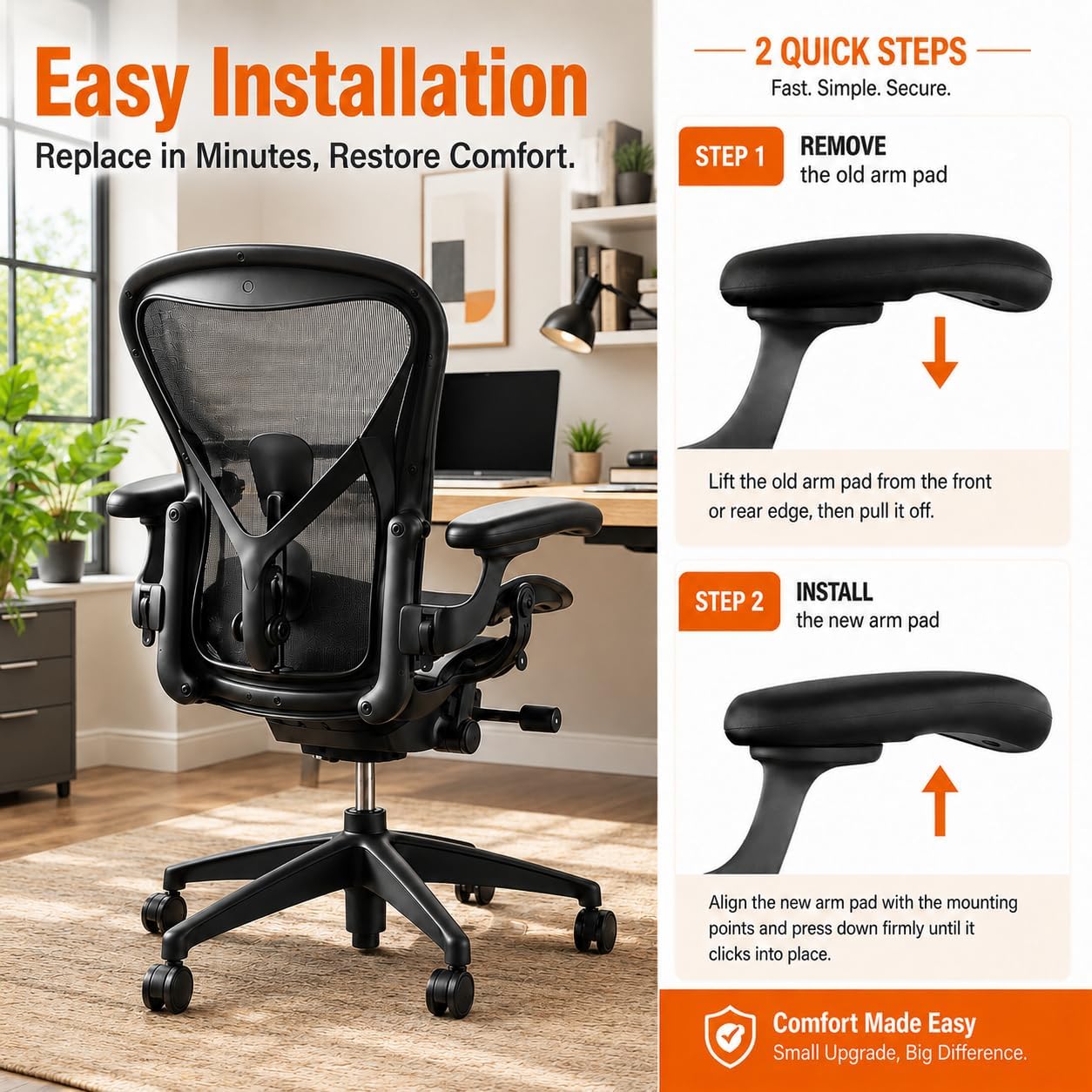 Office Chair Arm Pads for Aeron Chair Graphite, Polyurethane, 2 Pack | Replacement for Herman Miller Classic Aeron Chair, Graphite Finish, Comfortable Desk Armrest Pads