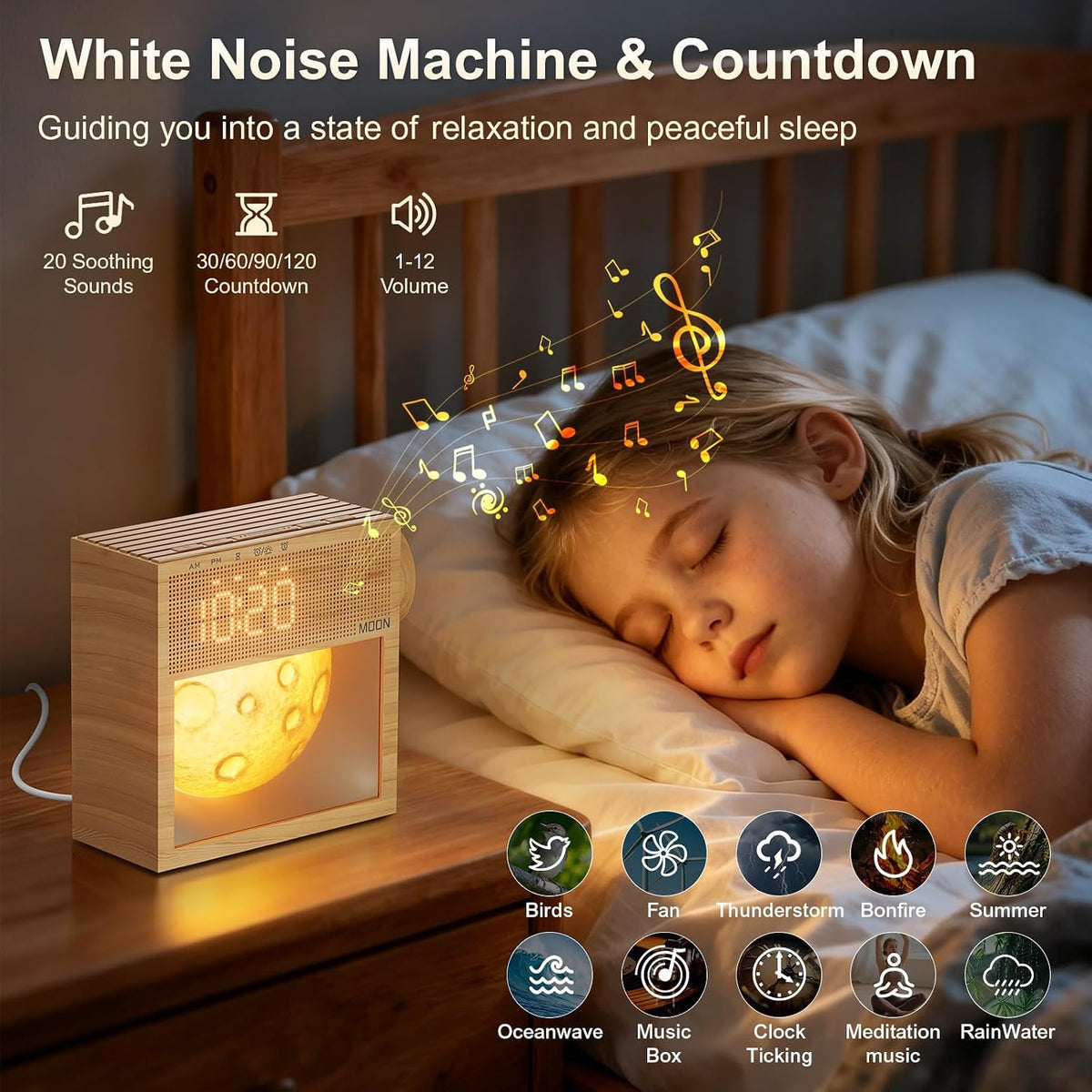 Sunrise Alarm Clock, White Noise Sound Machine, Bedroom Dimmable Moon Lamp