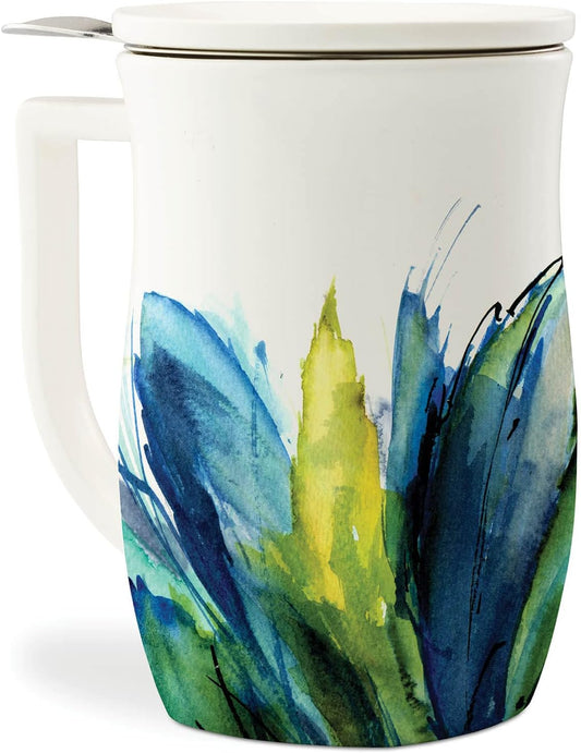 Tea Forte Ceramic Fiore Tea Cup with Infuser, Blue Agave, 14 oz | Insulated Ceramic - Stainless Steel Loose Leaf Infuser - Keeps Tea Hot Longer - Lid Included - Microwave & Dishwasher Safe