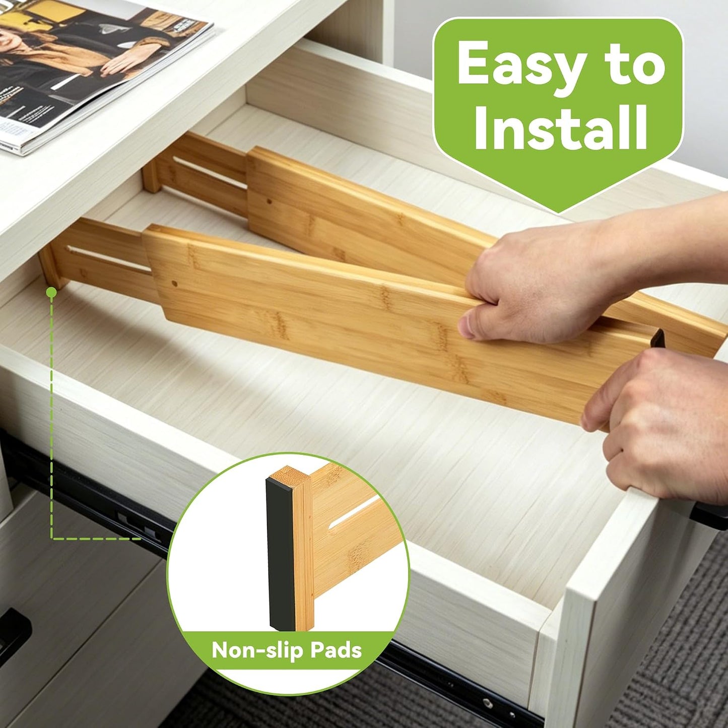 Utoplike 4 Pcs Bamboo Kitchen Drawer Dividers, Large Drawers Organizers | Adjustable Spring Loaded Expandable Organization, Works in Dresser, Bathroom, Bedroom, Office, Fit 17.8"-20.6" Drawer, 2.4"H