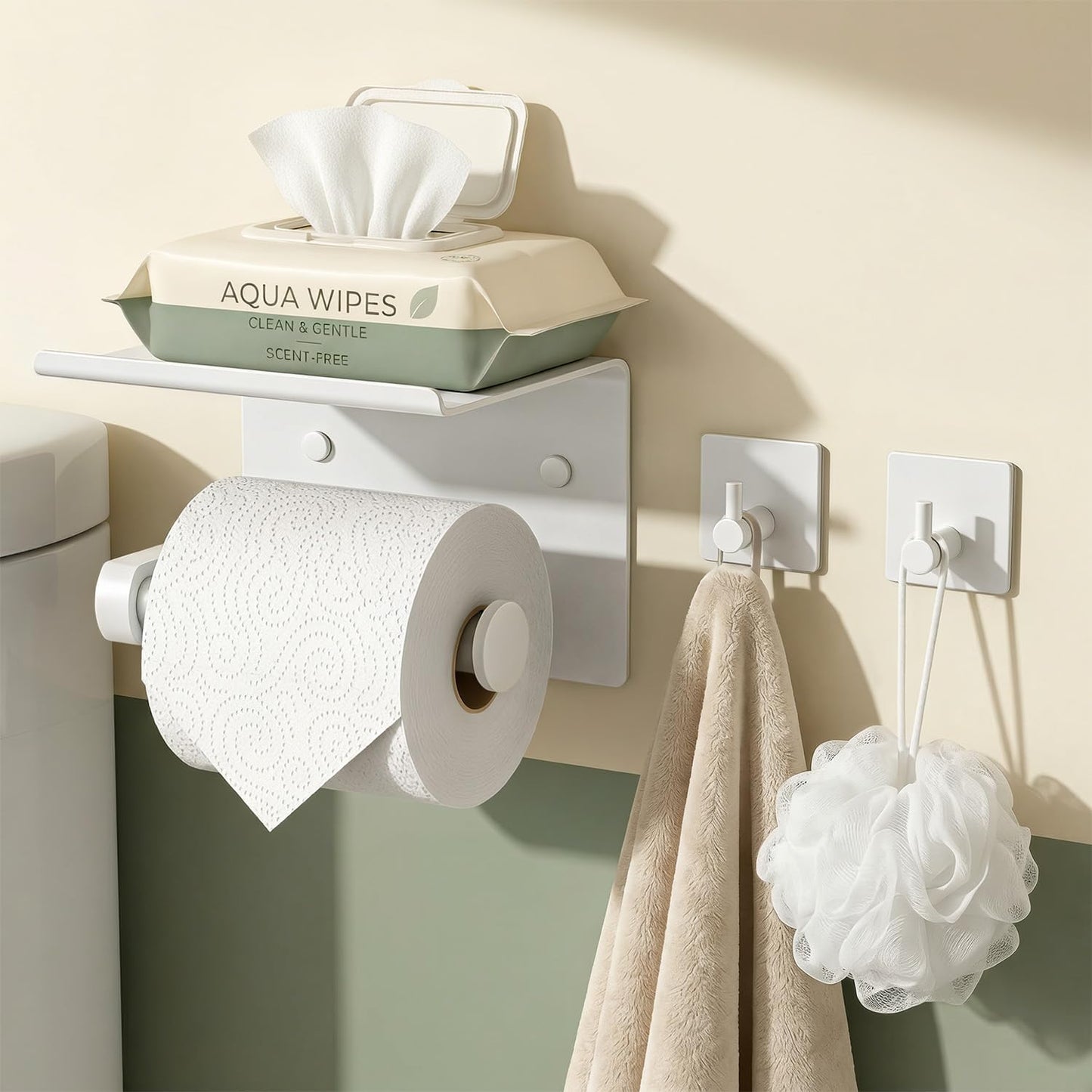 Tindbea Toilet Paper Holder Wall Mount + Towel Robe Hooks, Adhesive or Screw Wall Mounted Toilet Paper Roll Holder with Shelf, Stainless Steel Bathroom Organizers and Storage Kit (Brushed Gold)