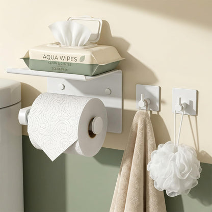 Tindbea Toilet Paper Holder Wall Mount + Towel Robe Hooks, Adhesive or Screw Wall Mounted Toilet Paper Roll Holder with Shelf, Stainless Steel Bathroom Organizers and Storage Kit (Brushed Gold)