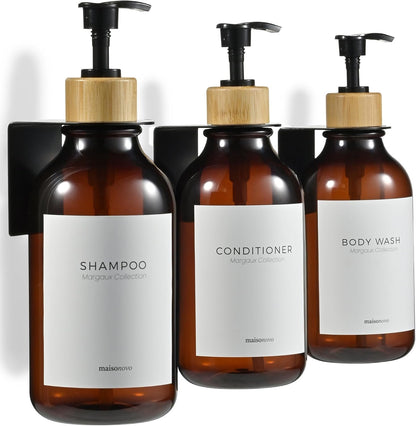 MaisoNovo Shampoo and Conditioner Dispenser|Refillable Black Set of 3 | 500 ml Shower Gel Dispenser Set of 3. Refillable Shampoo and Conditioner Bottles. Drill Free Secure Design. Black