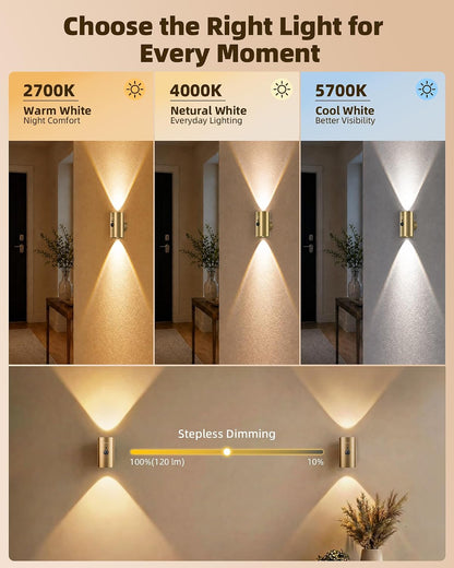 EZVALO Motion Sensor Wall Sconces with Remote, Rechargeable Battery Operated 4000mAh Wall Lights, 3 Color Temperatures & 12 RGB, Wireless LED Lighting for Hallway, Living Room (Brushed Gold, 2 Pack)