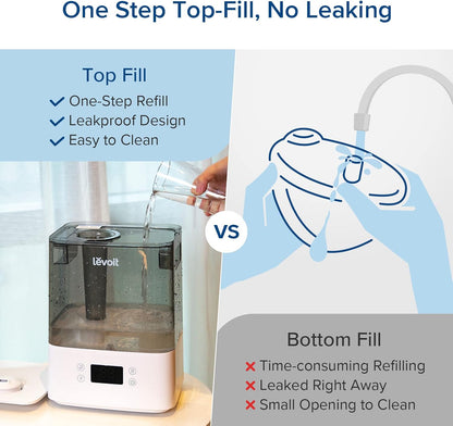 Levoit Humidifiers for Bedroom Large Room, 6L, 60H Runtime, 26dB, Smart App | Top Fill Cool Mist Humidifier for Baby & Plants, Easy to Clean, Essential Oil, Rapid Humidification & Auto Mode, Sleep Mode