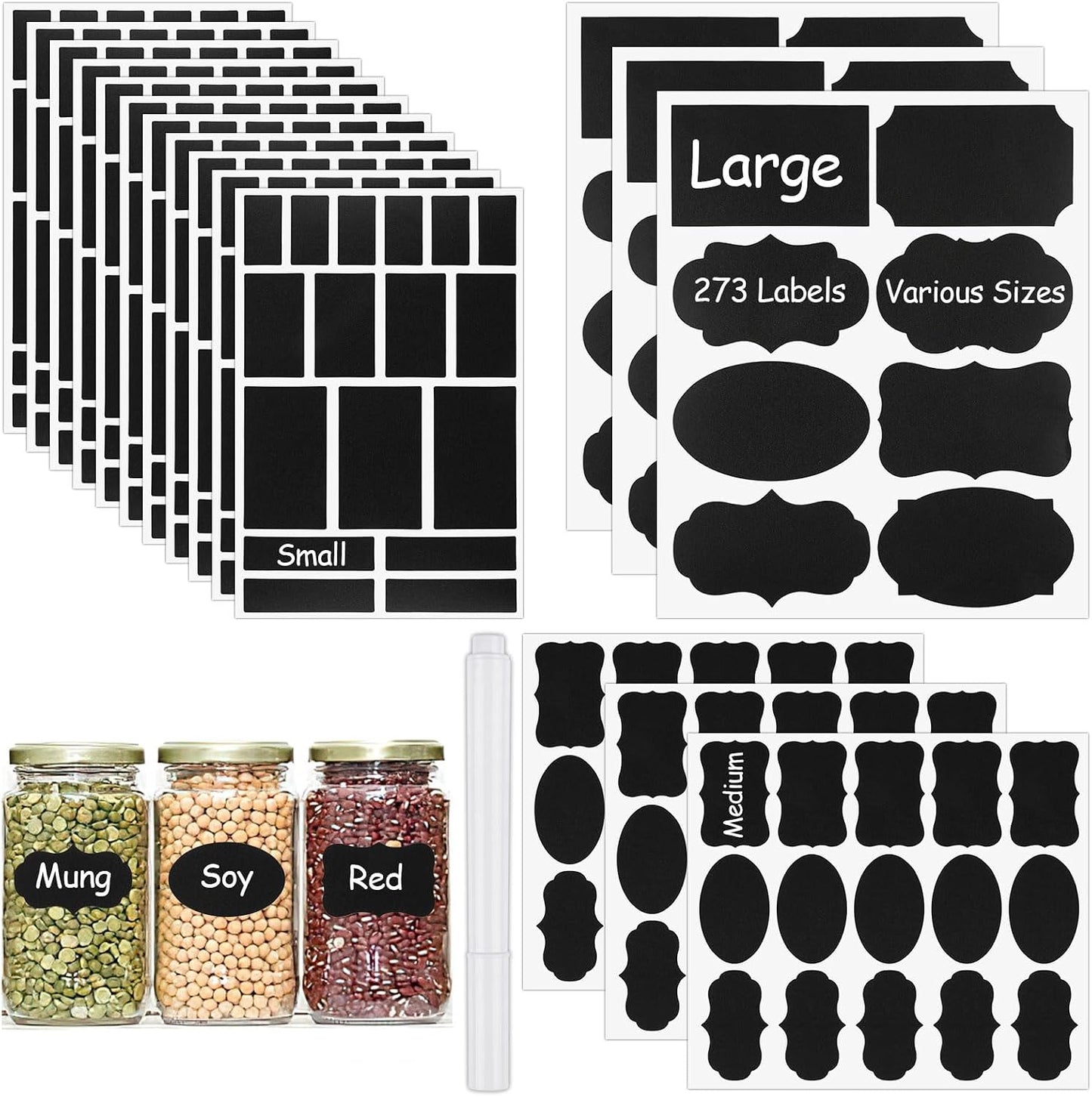 273 Pcs Labels for Jars, Waterproof Reusable Chalkboard Labels | for Food Containers, Bottles, Blackboard Stickers with 1 Erasable Chalk Marker (Black)