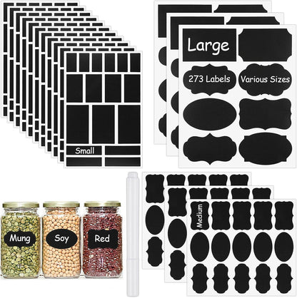 273 Pcs Labels for Jars, Waterproof Reusable Chalkboard Labels | for Food Containers, Bottles, Blackboard Stickers with 1 Erasable Chalk Marker (Black)