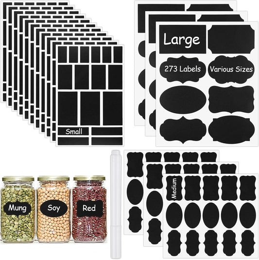 273 Pcs Labels for Jars, Waterproof Reusable Chalkboard Labels | for Food Containers, Bottles, Blackboard Stickers with 1 Erasable Chalk Marker (Black)