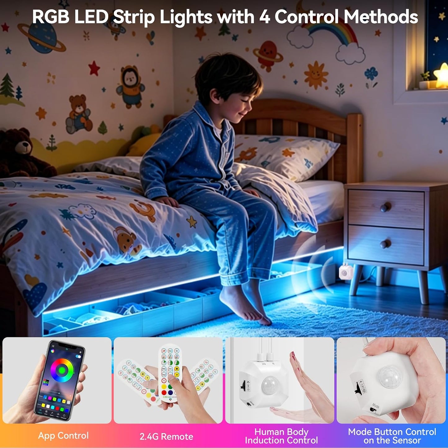Motion Activated LED Strip Under Bed Lights 9.8Ft RGB, Remote & App Control | Motion Sensor Strip Light Indoor, Music Sync,Auto On/Off RGB Color Changing Night Light USB Powered for Bedroom Cabinet TV PC