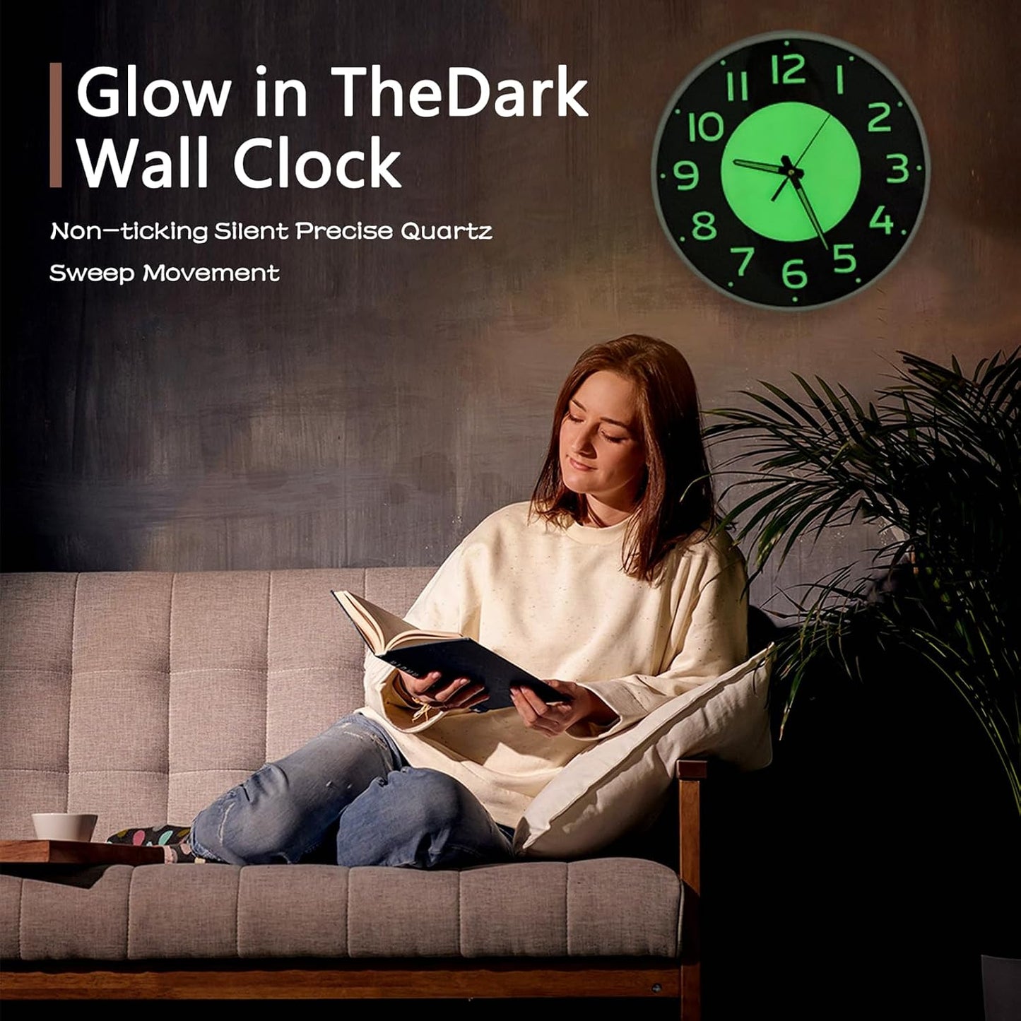 12'' Glow in the Dark Wall Clock,Silent & Easy to Read | Battery Operated Non-Ticking Easy to Install Analog Wall Clocks for Living Room Kitchen Office Bedroom