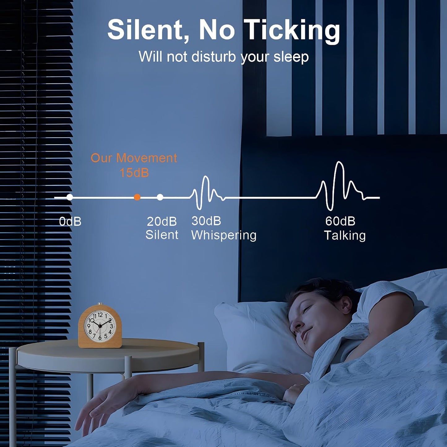 Lafocuse Silent Bedside Alarm Clock, Wood Frame Analog Alarm Clock with Snooze, Nightlight Function, Desk Table Clocks for Bedroom Home Kitchen