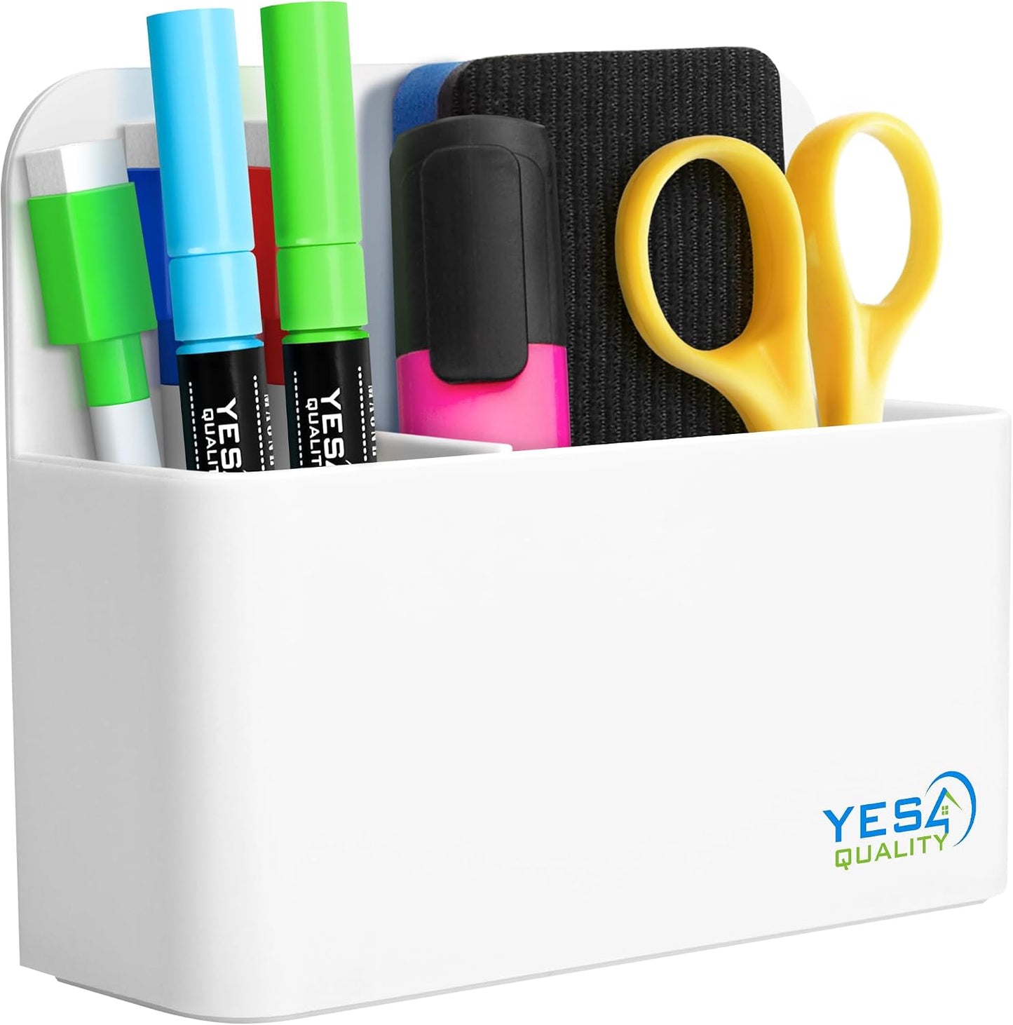 YES4QUALITY Magnetic Pen Holder with Strong Magnetic Back & 2 Compartments, Dry Erase Marker Holder for Whiteboard, Fridge & Locker, White Pencil Holder