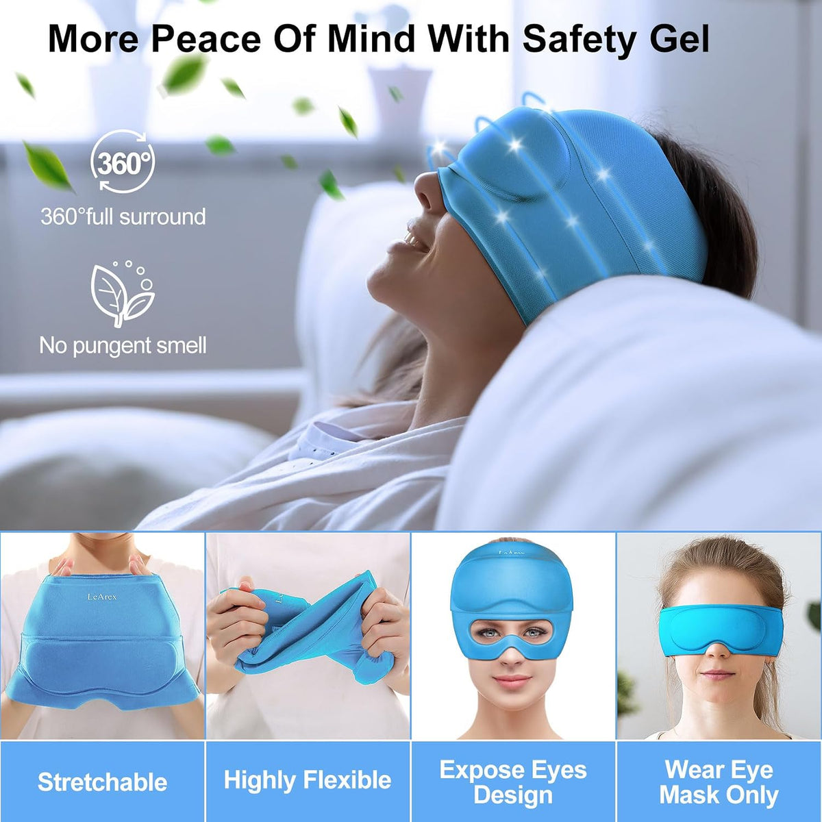 2 in 1 Migraine Relief Cap with Gel Eye Mask, Headache Relief Cap Ice Head Wrap Hot and Cold Therapy Hat Gift for Women for Headache Puffy Eyes Sinus and Tension Stress Relief (Light Purple)