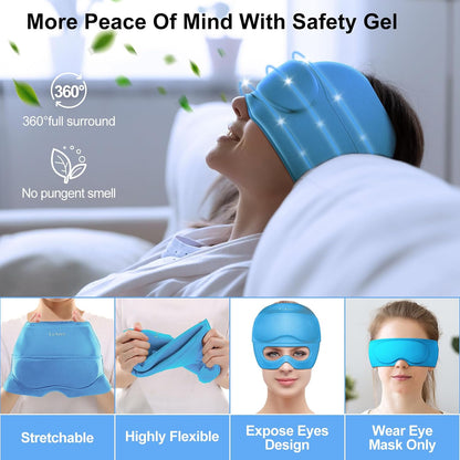 2 in 1 Migraine Relief Cap with Gel Eye Mask, Headache Relief Cap Ice Head Wrap Hot and Cold Therapy Hat Gift for Women for Headache Puffy Eyes Sinus and Tension Stress Relief (Light Purple)