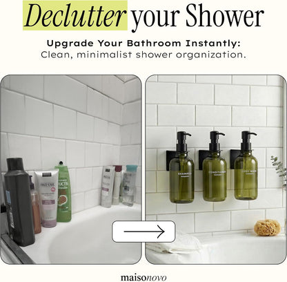MaisoNovo Shampoo and Conditioner Dispenser|Refillable Black Set of 3 | 500 ml Shower Gel Dispenser Set of 3. Refillable Shampoo and Conditioner Bottles. Drill Free Secure Design. Black