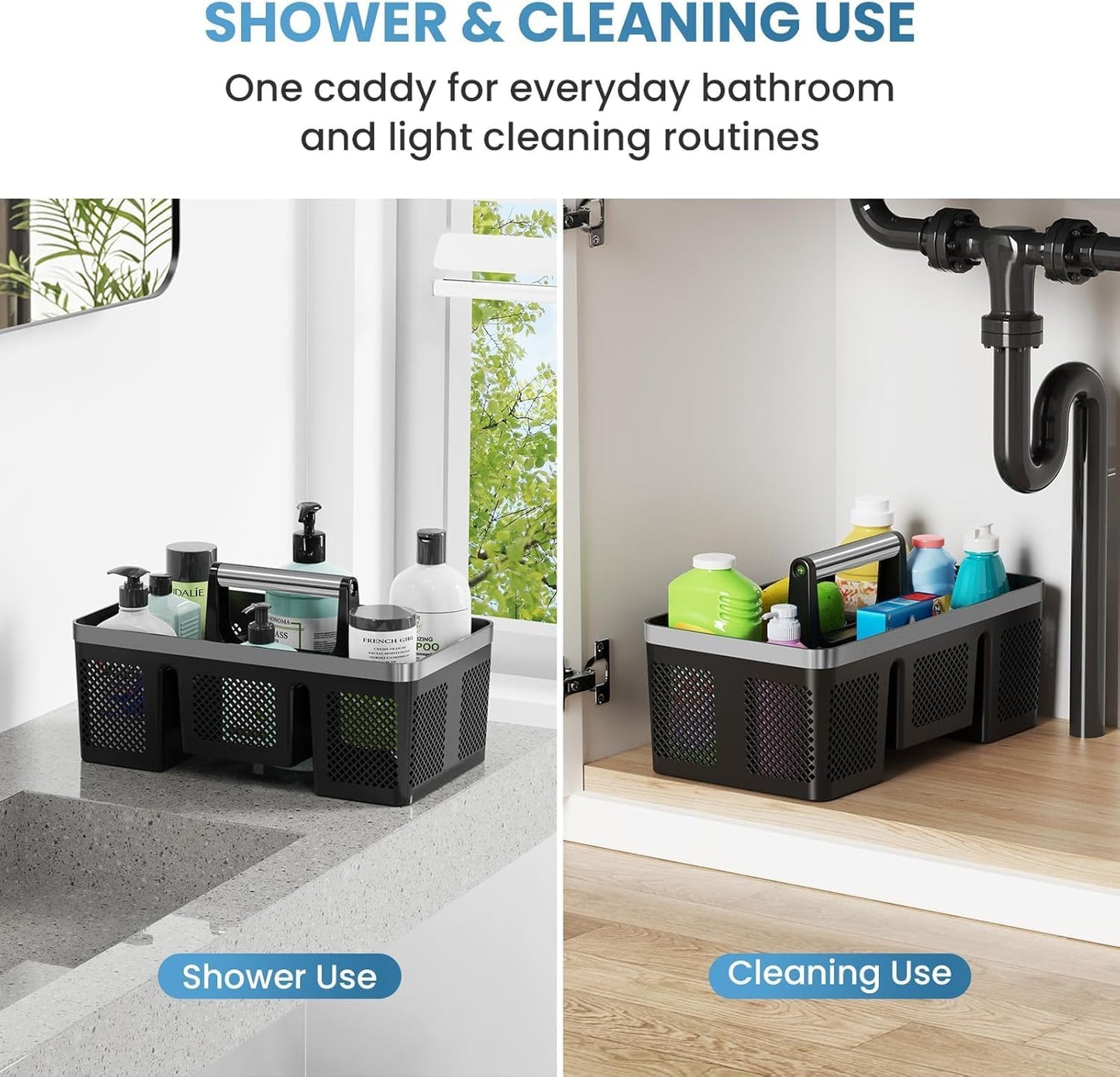 BYUNER Portable Cleaning & Shower Caddy with Handle: Rigid Plastic Basket with 4 Divided Compartments, All-Side Drainage for College Dorm, Bathroom & Utility Use, Black/Gold