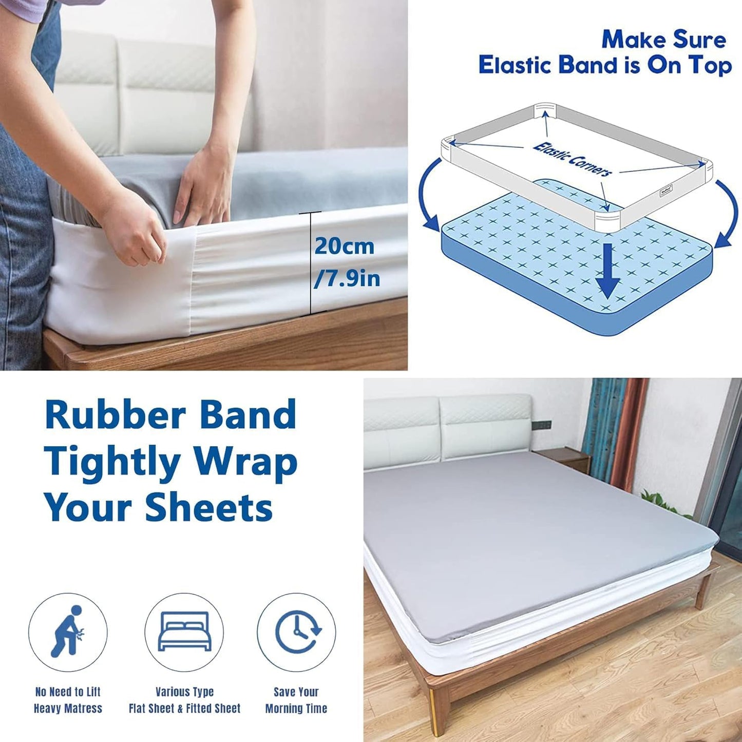 Bed Sheet Holder Straps:7.9inch Wide Bed Sheet Fasteners,Fitted Sheet Straps to Hold Sheets on The Bed,Elastic Bands Bed Sheet Straps for All Mattress Sizes (Single（38" x 75"）)