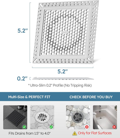 Square Shower Drain Hair Catcher, Anti-Clogging, Gray, 4 inch | Fast Drainage, Anti-Slip & Stays in Place, Stainless Steel & TPE Material, Easy Clean Fits Bathroom Hair Catcher for Shower