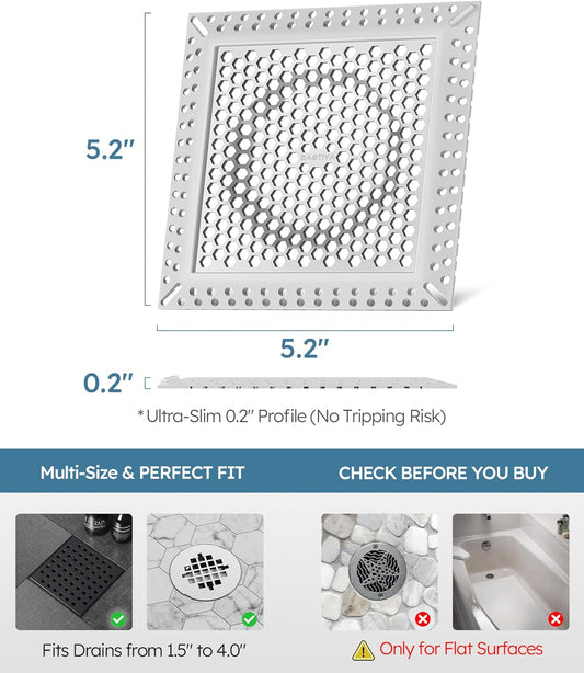 Square Shower Drain Hair Catcher, Anti-Clogging, Gray, 4 inch | Fast Drainage, Anti-Slip & Stays in Place, Stainless Steel & TPE Material, Easy Clean Fits Bathroom Hair Catcher for Shower