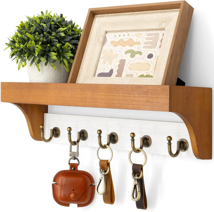 Rebee Vision Key Holder Wall Mount with 5 Hooks for Entryway, Retro Brown | Display Shelf for Plant & Letters, Key Shelf for Hats, Dog Leashes, Mail Organizer, Decorative Entryway & Living Room